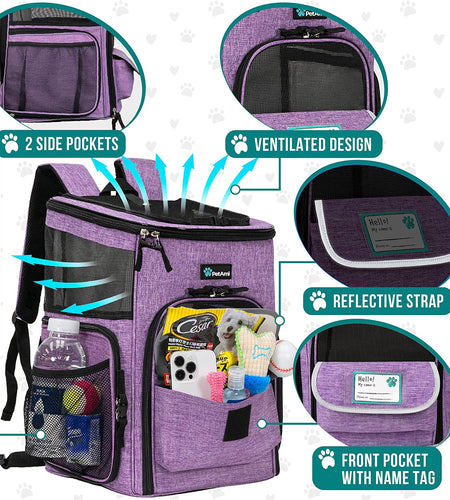Dog Backpack Carrier, Airline Approved Cat Backpacks for Carrying Small Large Cats, Pet Carrier Back Pack, Ventilated Soft Sided Dog Cat Bookbag for Travel, Hiking, Camping, Purple