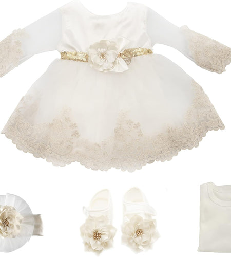 Newborn Baby Girl Lace Dress Set, 4Pc Outfit for Special Occassions