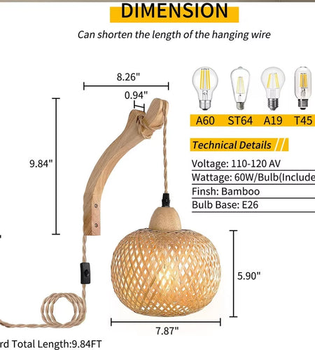 Bamboo Lantern Wall Lamp Natural Rattan Wicker E27 Chandeliers Hand-Woven Bamboo Room Decor Lampshades Wall Light Fixtures